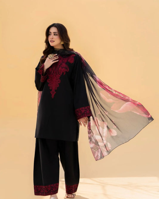 Black rose Embroidered 3ps
